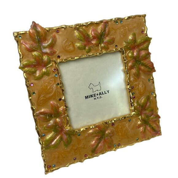MIKE & ALLY Picture Frame Autumn Leaf Enamel Metal 3.5" Photo Yellow Orange - Picture 2 of 9